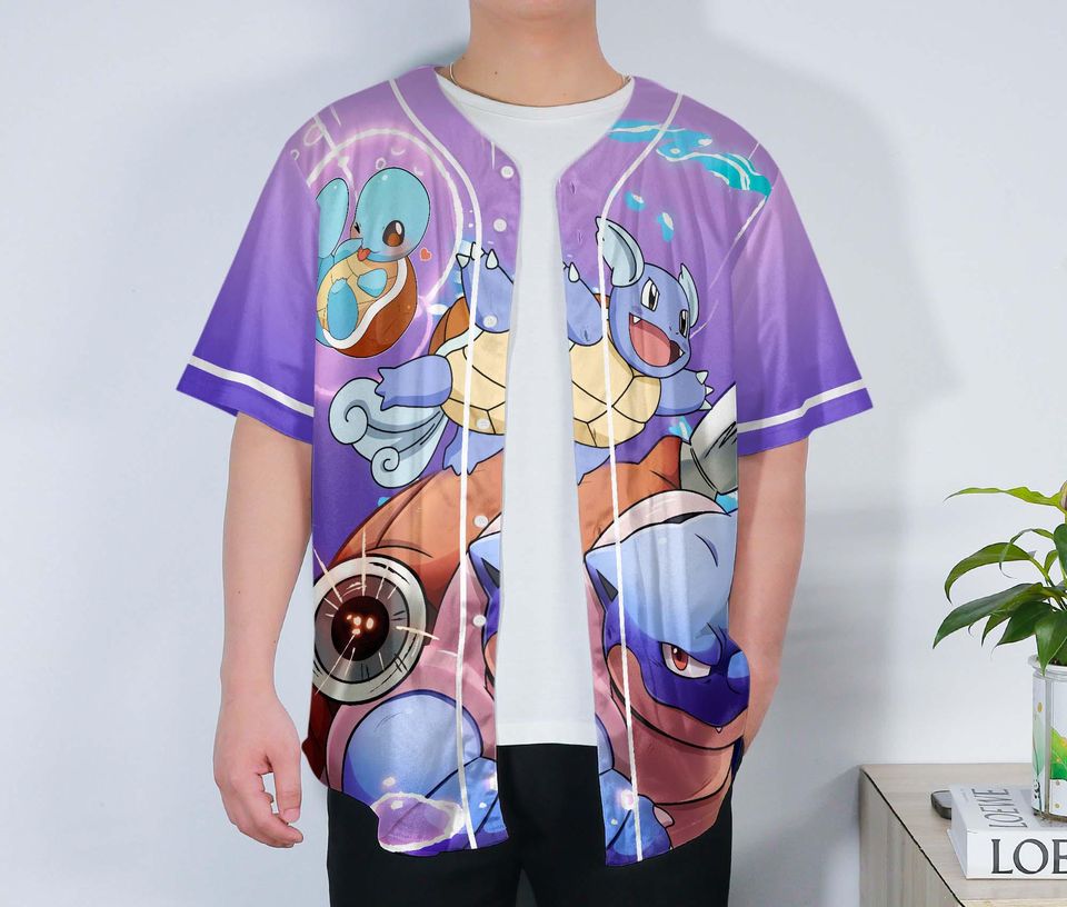 Blastoise Baseball Jersey – Squirtle-Inspired Unisex Button-Up, Water-Type Anime Beach Gift