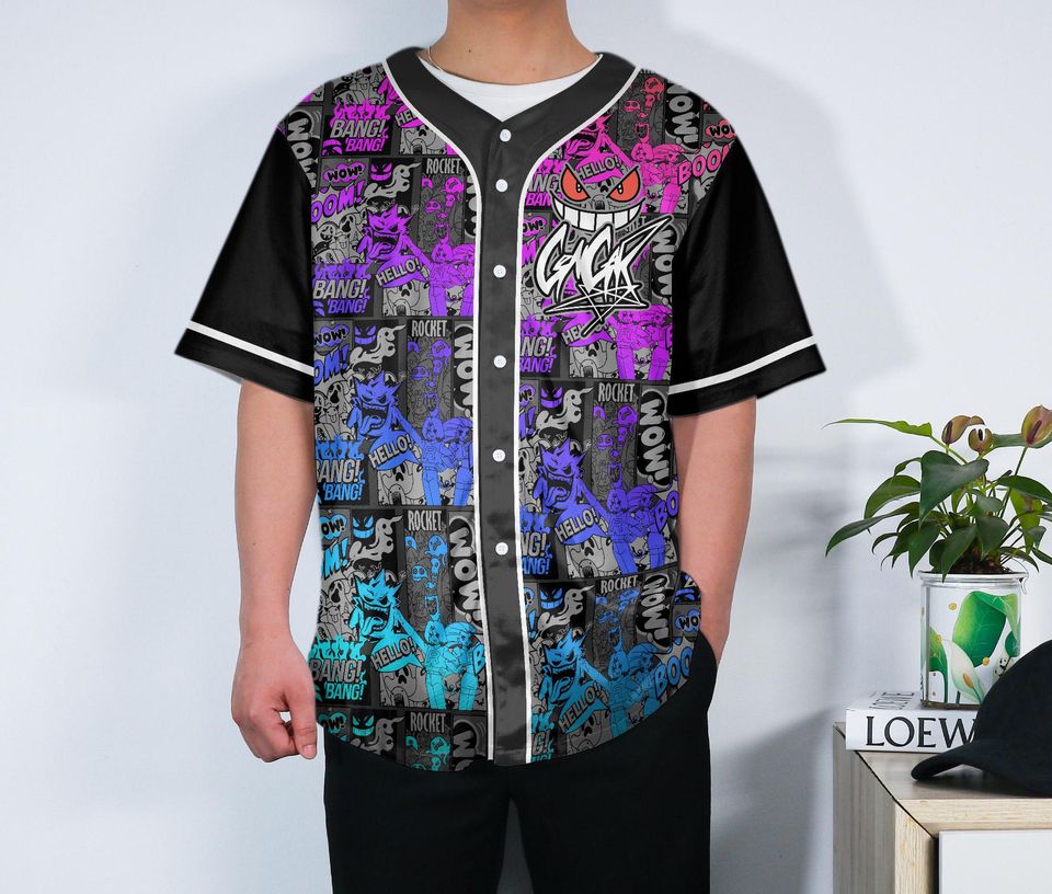 Gengar Baseball Jersey Graffiti Comic Graphic Button-Up Shirt