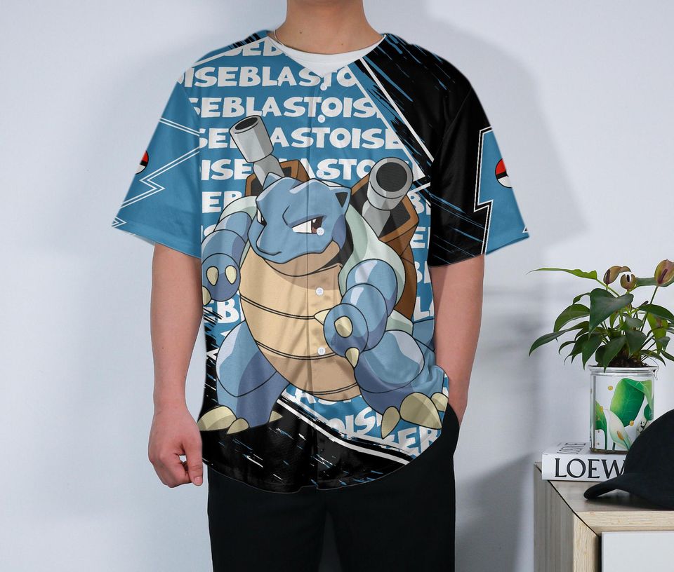 Blastoise Baseball Jersey Anime Water Button-Up Bold Fan Gift Blue Turtle