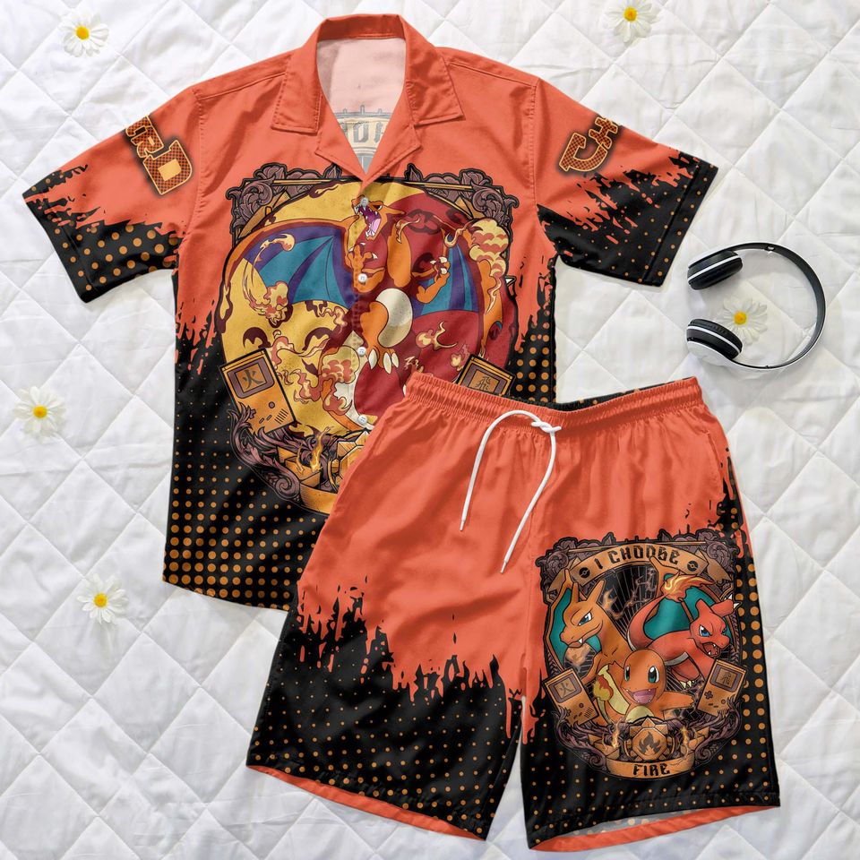 Charizard Hawaiian Shirt and Shorts Set, Fire Style Summer Outfit, Charmander Summer Clothing