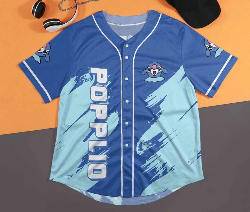 Popplio Baseball Jersey Cute Blue Anime Unisex Button-Up Funny Gift