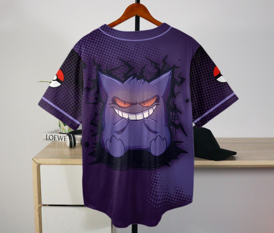 Gengar Baseball Jersey Cute Anime Button-Up Funny 3D Gift for Fans