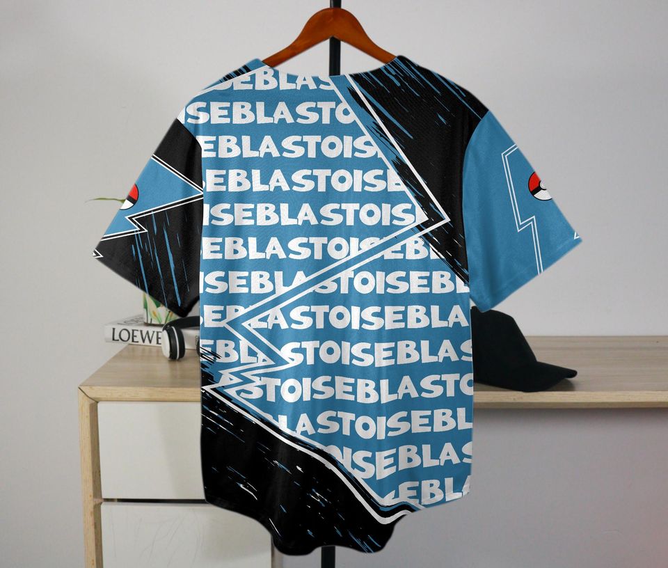 Blastoise Baseball Jersey Anime Water Button-Up Bold Fan Gift Blue Turtle