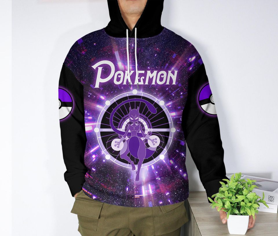 Mewtwo Hoodie with Cosmic Art, Kawaii Pullover, Unisex Crewneck