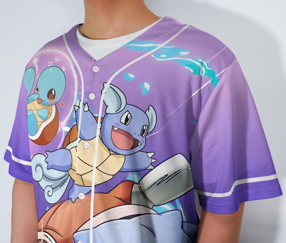 Blastoise Baseball Jersey – Squirtle-Inspired Unisex Button-Up, Water-Type Anime Beach Gift