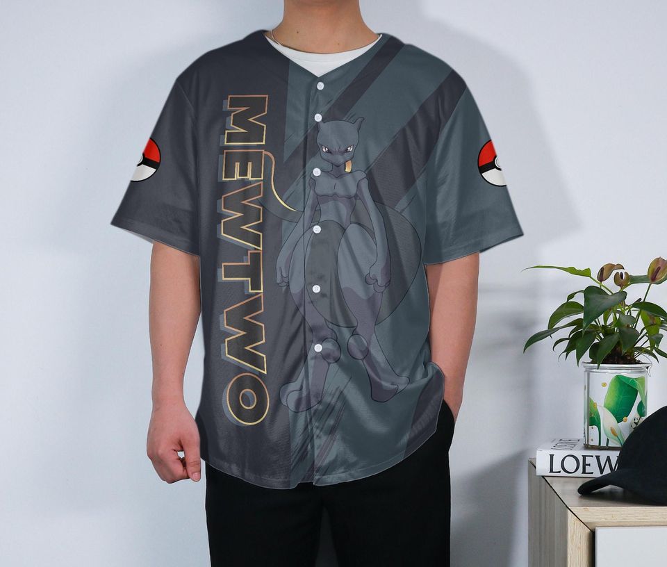 Mewtwo Baseball Jersey Custom Button-Up Anime Gift Dark Grey Jersey