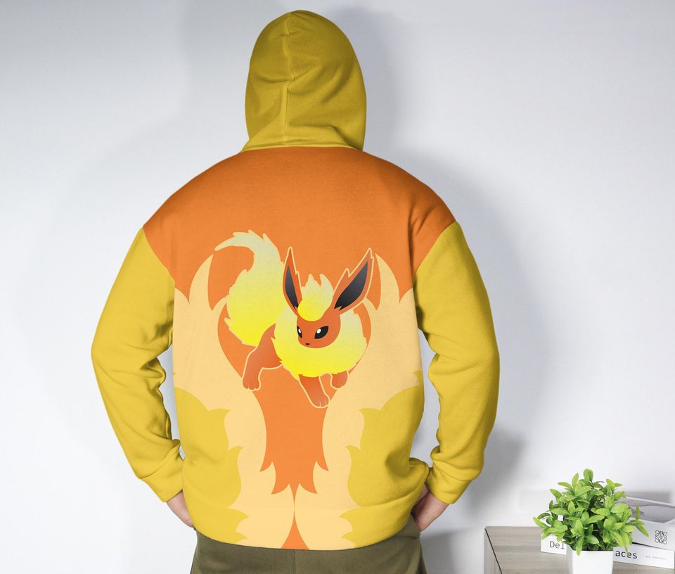 Flareon Fire Print Hoodie Unisex Pullover, Eevee Evolution 3D Hoodie