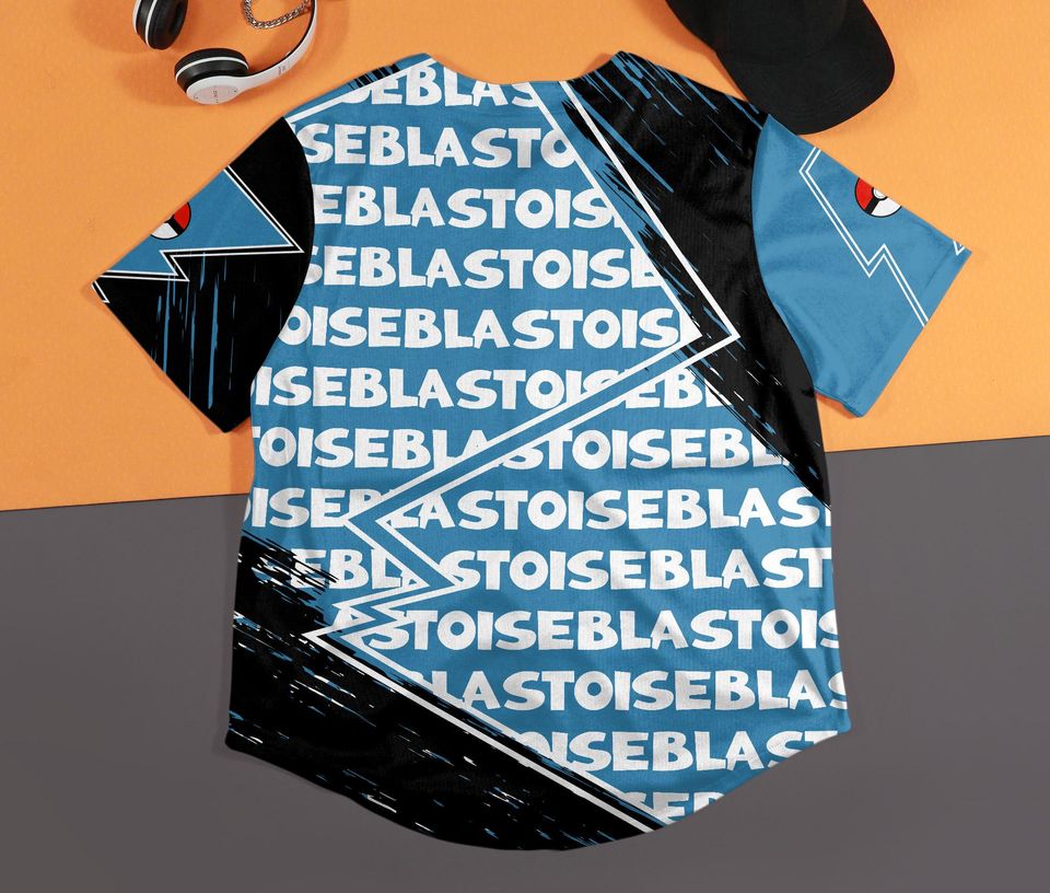 Blastoise Baseball Jersey Anime Water Button-Up Bold Fan Gift Blue Turtle