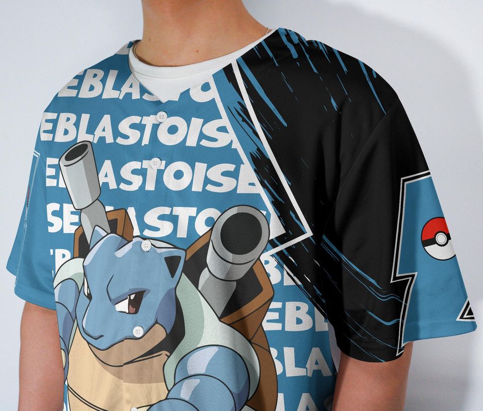Blastoise Baseball Jersey Anime Water Button-Up Bold Fan Gift Blue Turtle
