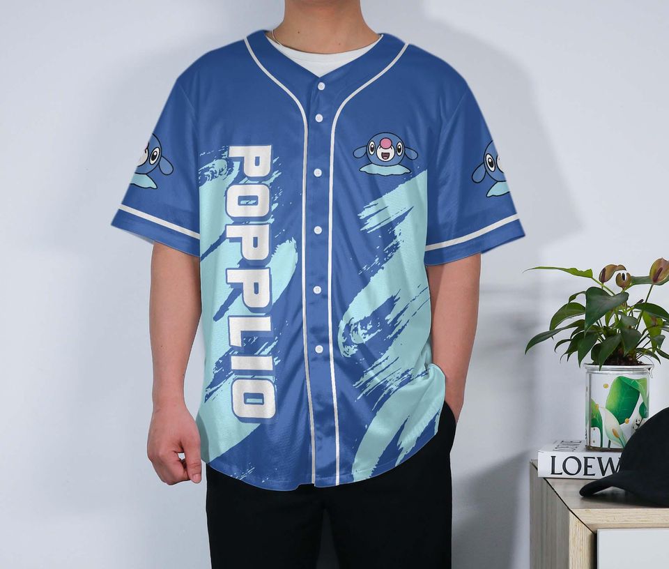 Popplio Baseball Jersey Cute Blue Anime Unisex Button-Up Funny Gift