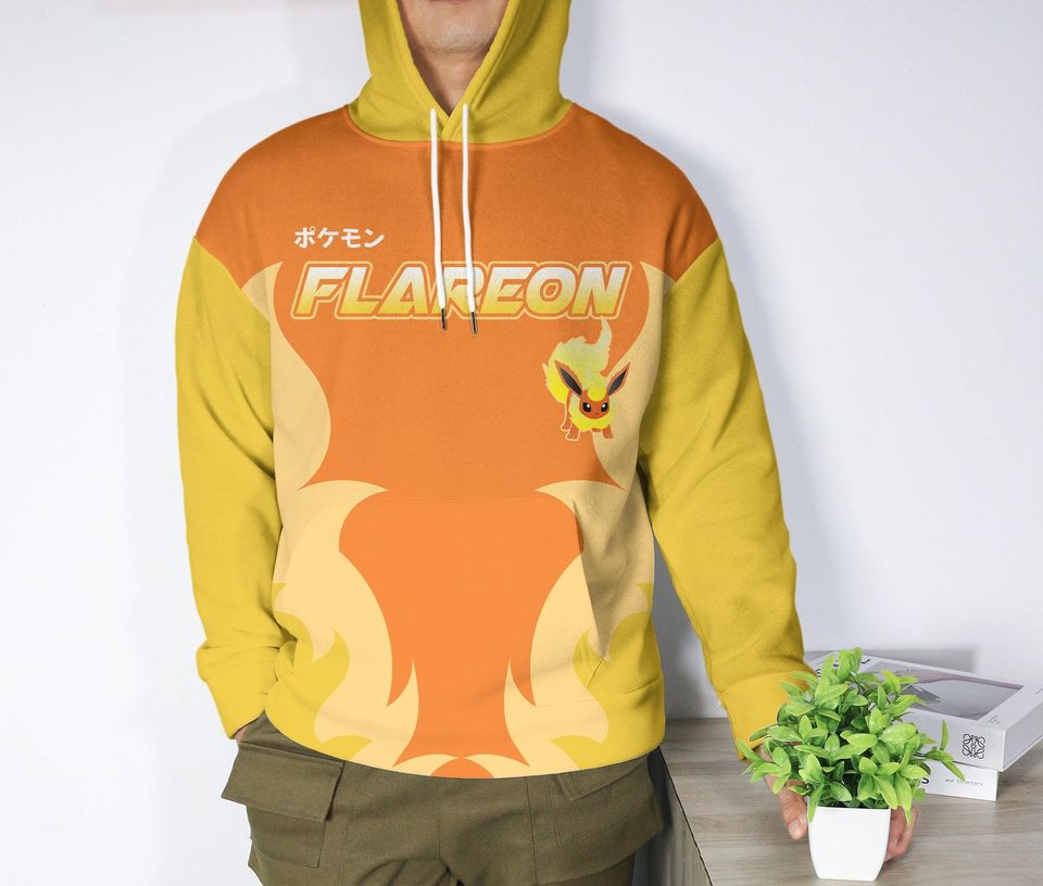 Flareon Fire Print Hoodie Unisex Pullover, Eevee Evolution 3D Hoodie