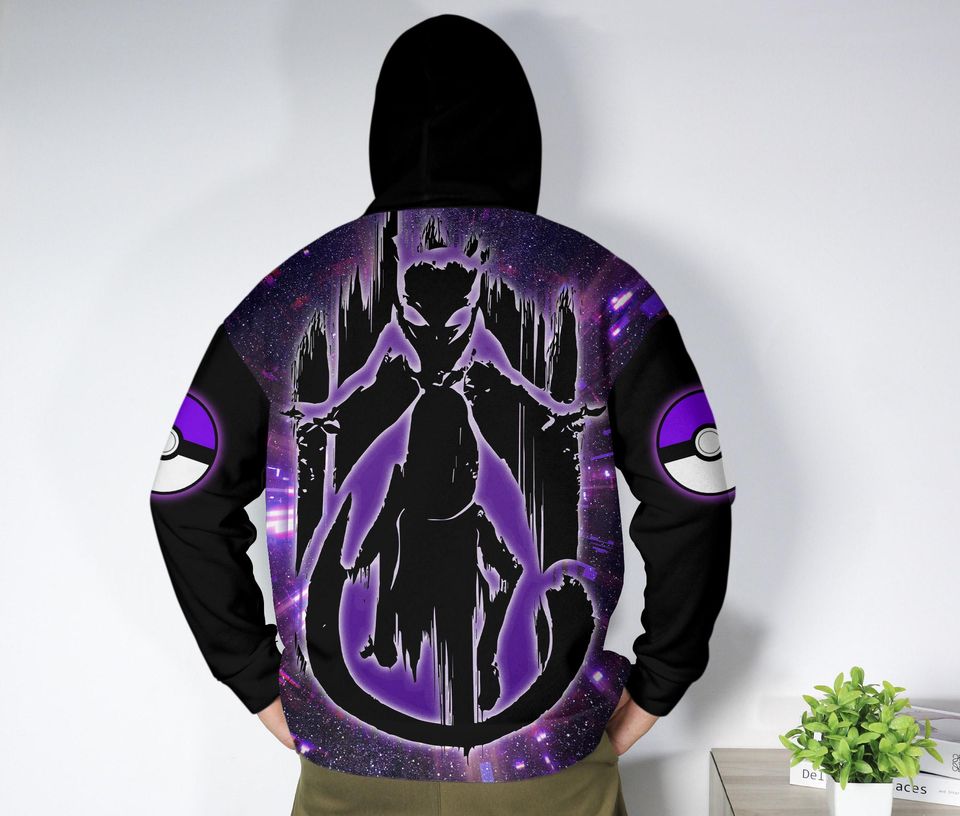 Mewtwo Hoodie with Cosmic Art, Kawaii Pullover, Unisex Crewneck