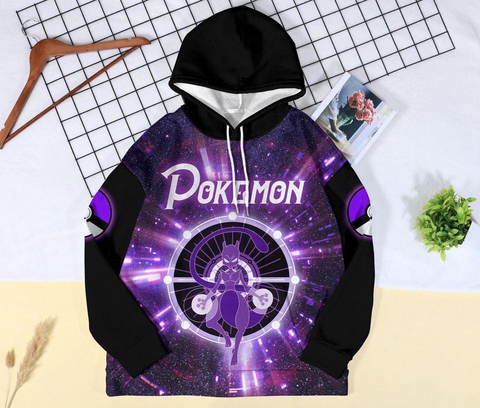 Mewtwo Hoodie with Cosmic Art, Kawaii Pullover, Unisex Crewneck