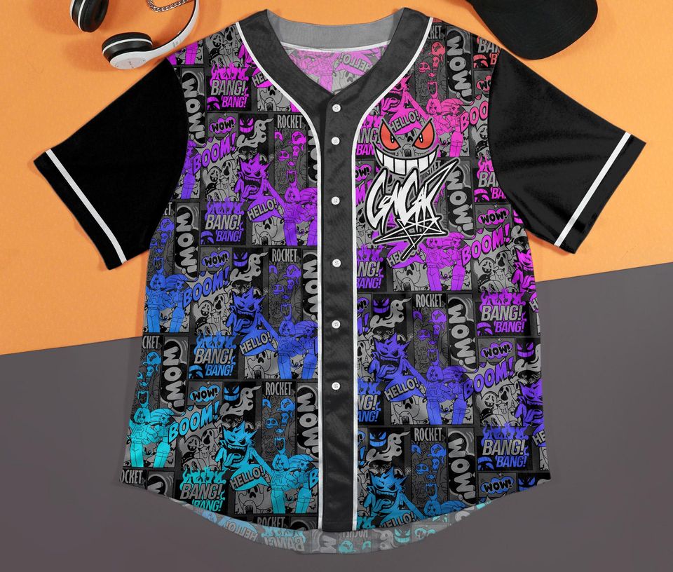 Gengar Baseball Jersey Graffiti Comic Graphic Button-Up Shirt