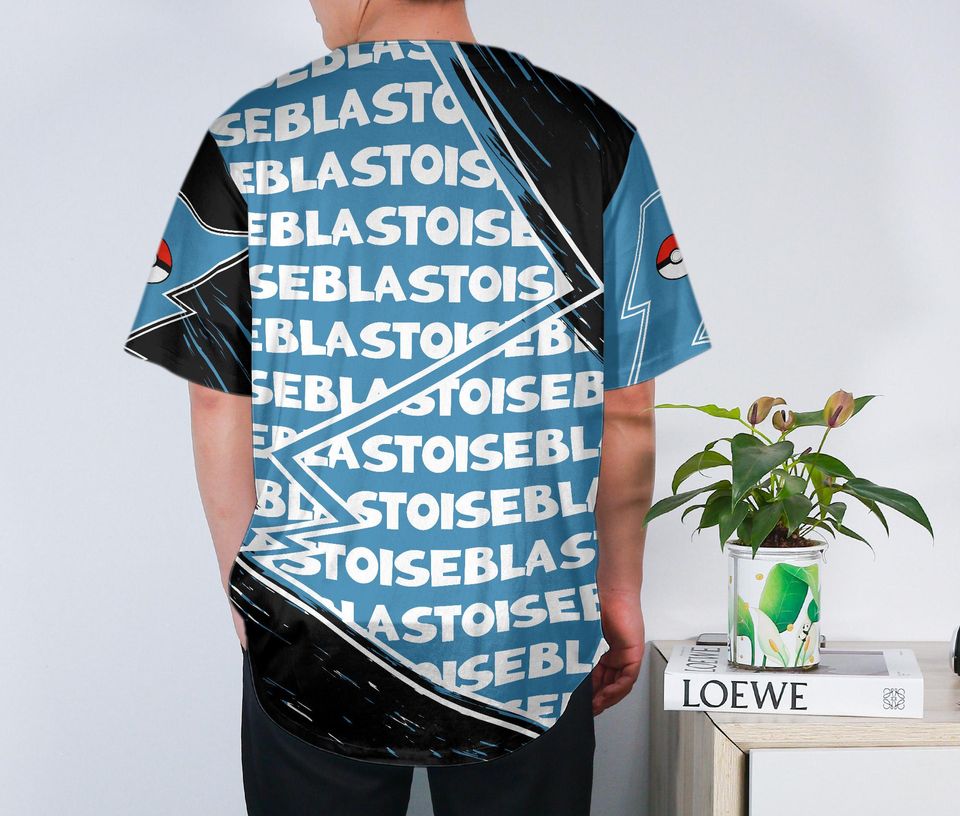 Blastoise Baseball Jersey Anime Water Button-Up Bold Fan Gift Blue Turtle