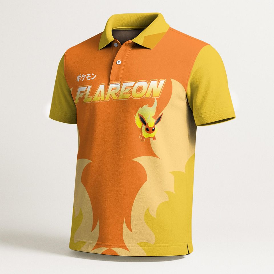 Flareon Polo Shirt - Eevee Evolution, Kawaii Fire Design