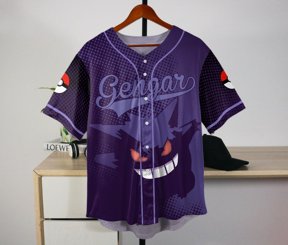Gengar Baseball Jersey Cute Anime Button-Up Funny 3D Gift for Fans
