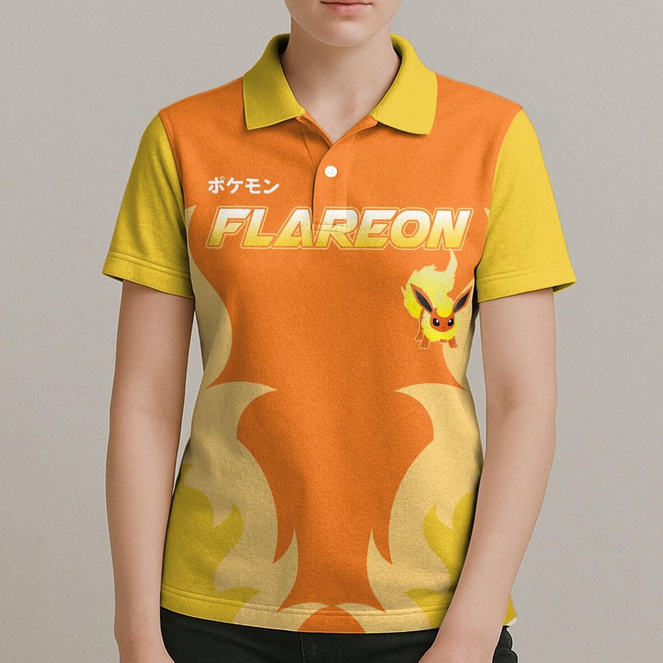 Flareon Polo Shirt - Eevee Evolution, Kawaii Fire Design
