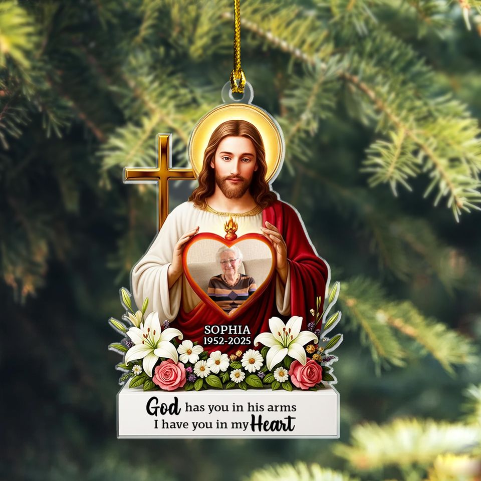 Personalized Memorial Ornament, Jesus Holding Heart Photo, Remembrance Keepsake