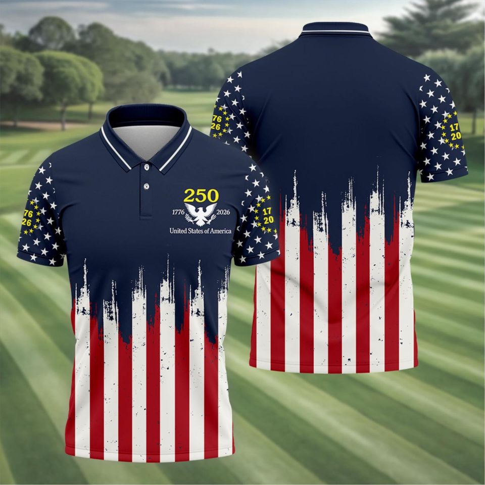 America 250 Polo Shirt Patriotic Red White Blue Flag Golf Shirt