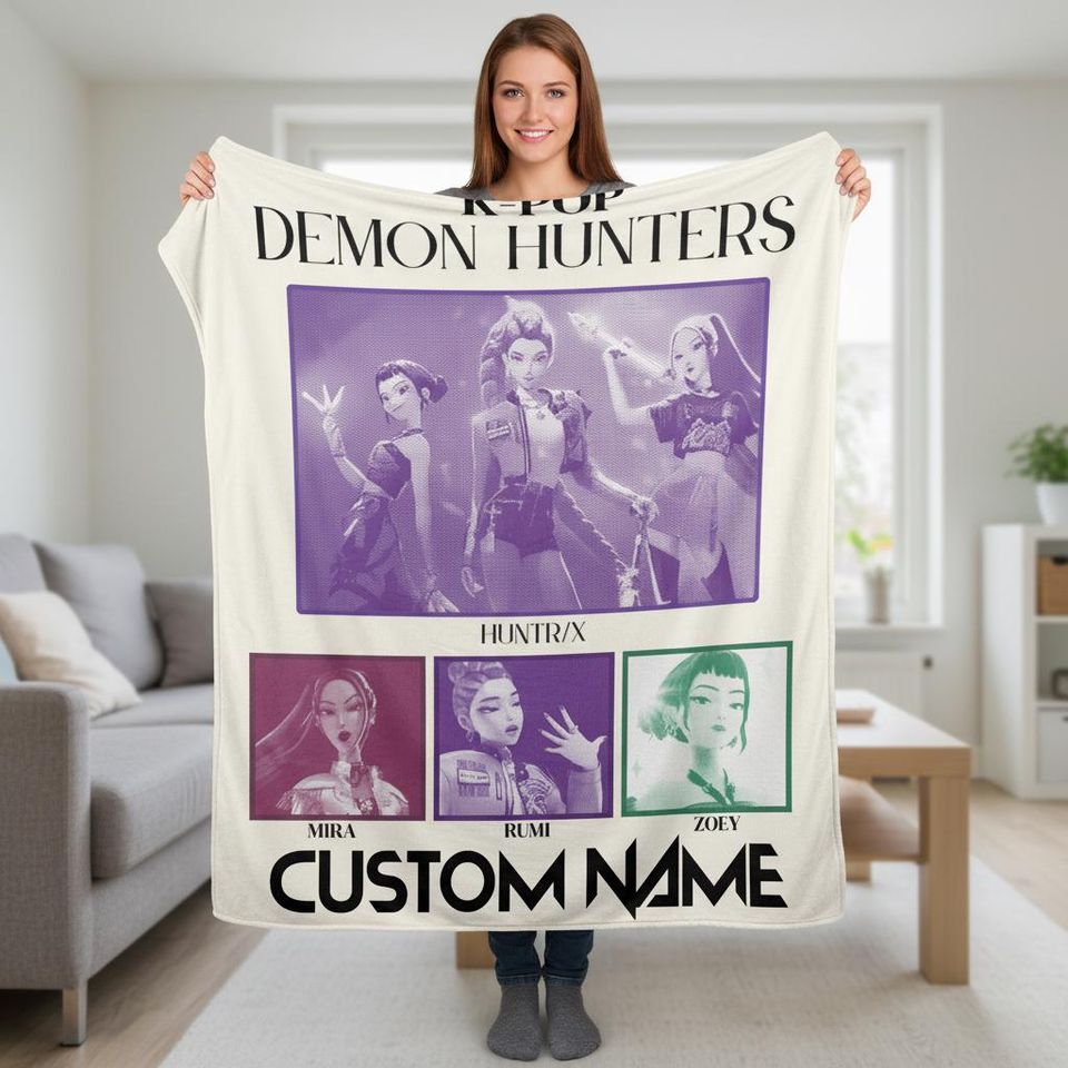 Custom Huntrix Fleece Blanket with Name, K-pop Demon Hunter Birthday Blanket, Personalized Kpop Blanket