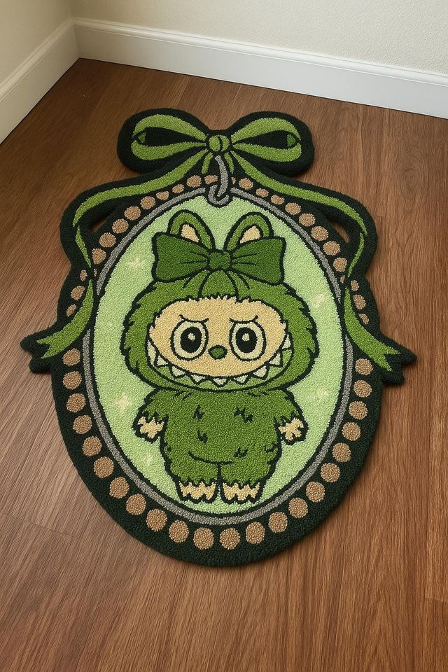 Green Mirror Labubu Tufted Rug, Unique 3D Funny Rug, Soft Plush Home Carpet Decor