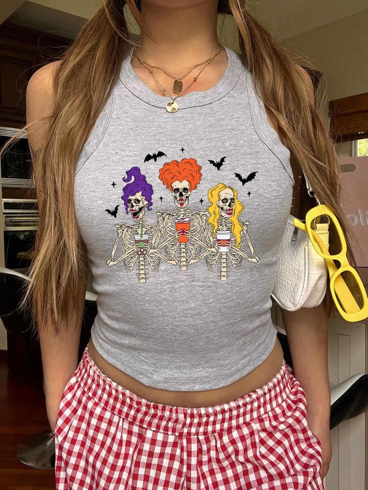 Skeleton Sisters Halloween Racerback Tank Top: Funny Witches Tee