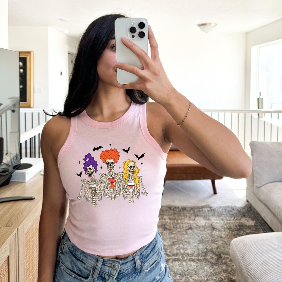 Skeleton Sisters Halloween Racerback Tank Top: Funny Witches Tee