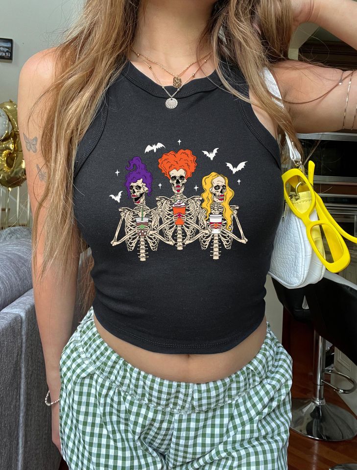 Skeleton Sisters Halloween Racerback Tank Top: Funny Witches Tee