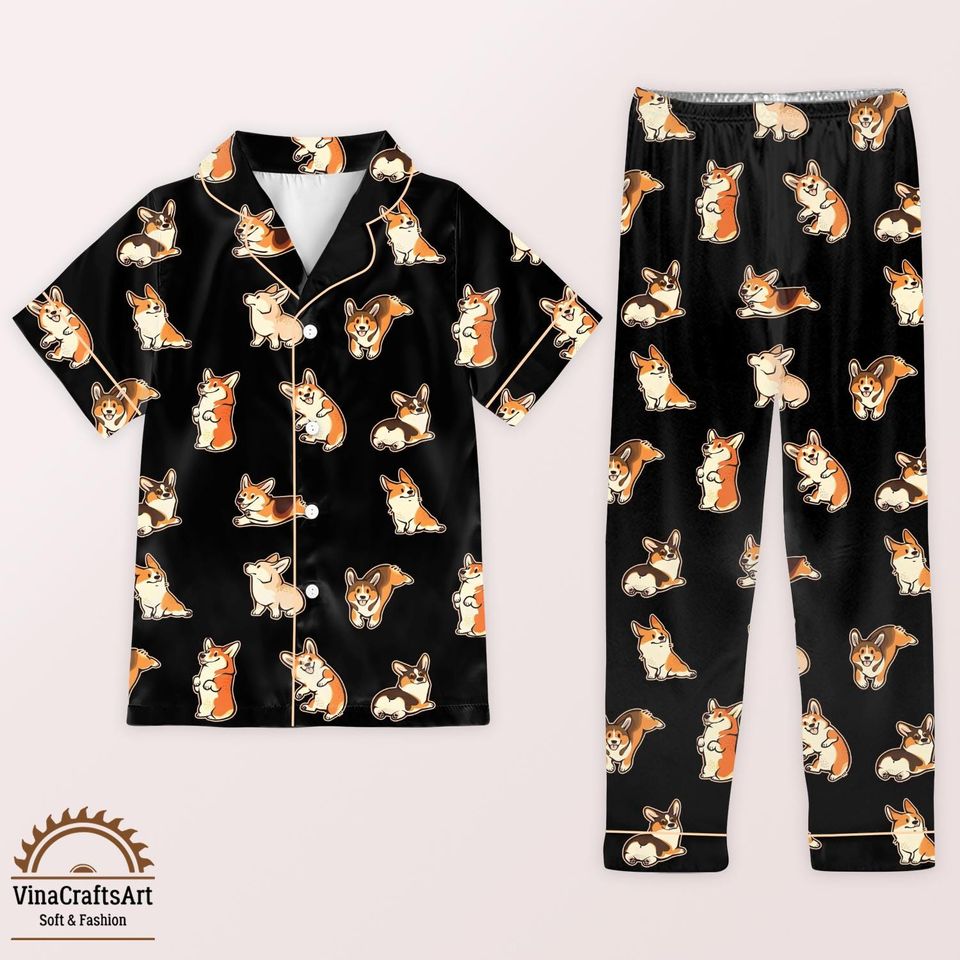 Cute Corgi Dog Silk Pajamas Set  Kawaii Dog Loungewear, Gift for Corgi Dog Dad Mom, Corgi Lover Lounge Set, Cute Puppy Silky PJs