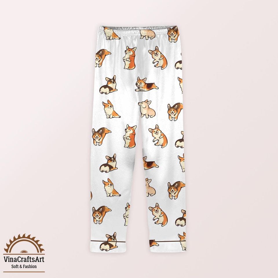 Cute Corgi Dog Silk Pajamas Set  Kawaii Dog Loungewear, Gift for Corgi Dog Dad Mom, Corgi Lover Lounge Set, Cute Puppy Silky PJs