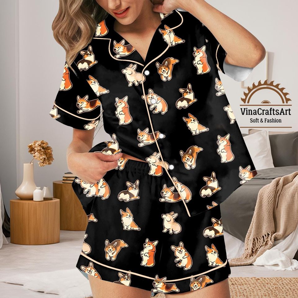 Cute Corgi Dog Silk Pajamas Set  Kawaii Dog Loungewear, Gift for Corgi Dog Dad Mom, Corgi Lover Lounge Set, Cute Puppy Silky PJs
