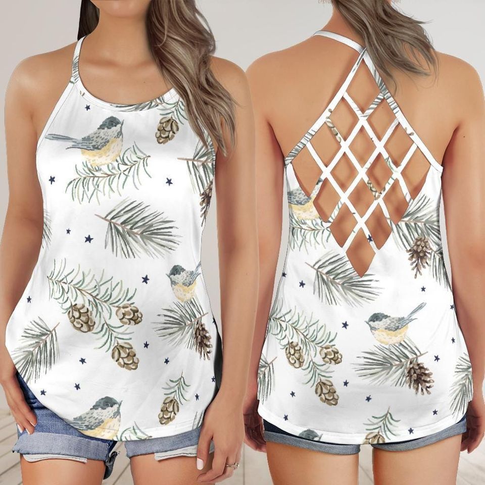 Bird Print Criss Cross Tank Top - Cottagecore Open Back Camisole - Lightweight Summer Top