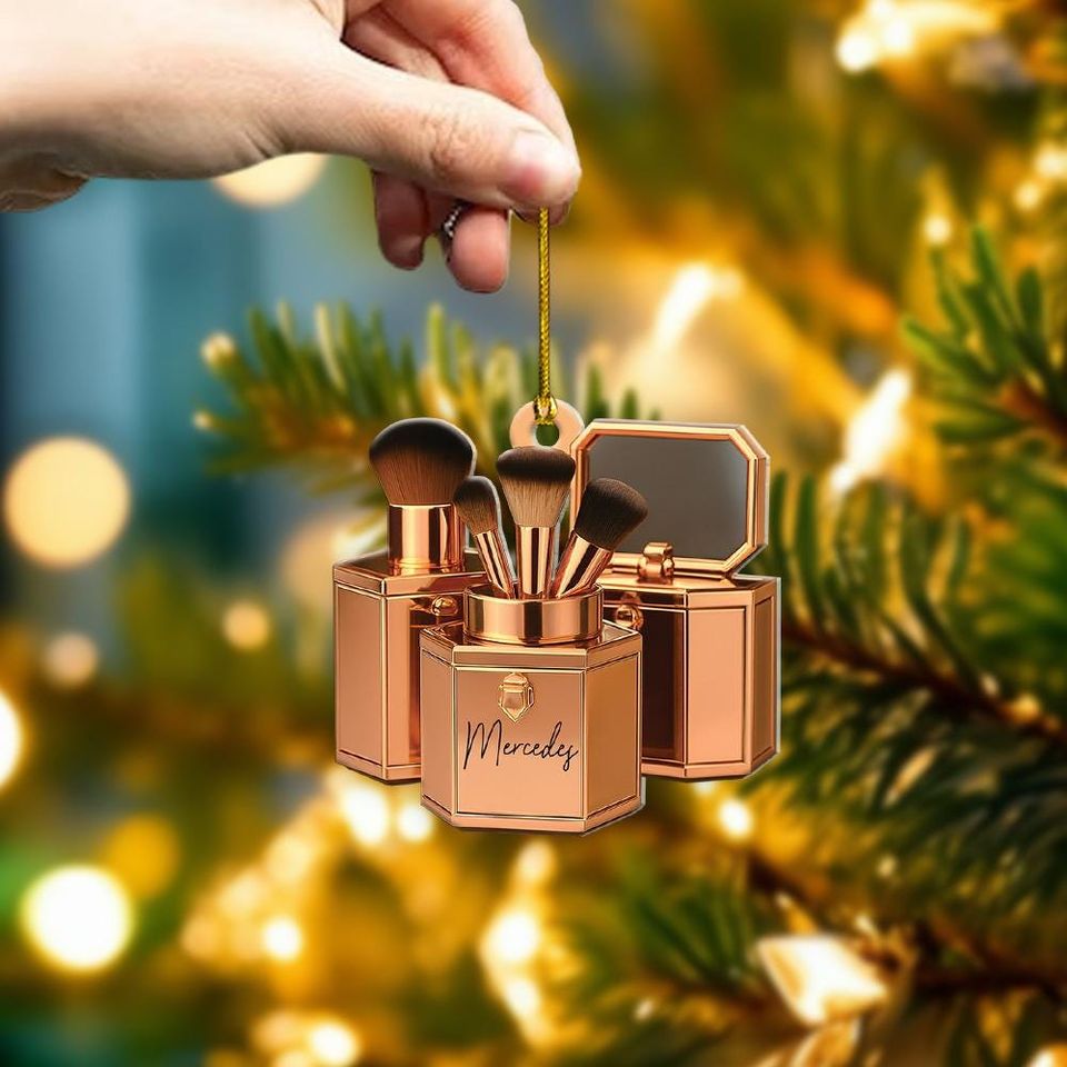 Personalized Makeup Brush Ornament, Custom Name Beauty Gift, MUA Christmas Tree Decor, Rose Gold Cosmetic Keepsake, Esthetician Gift