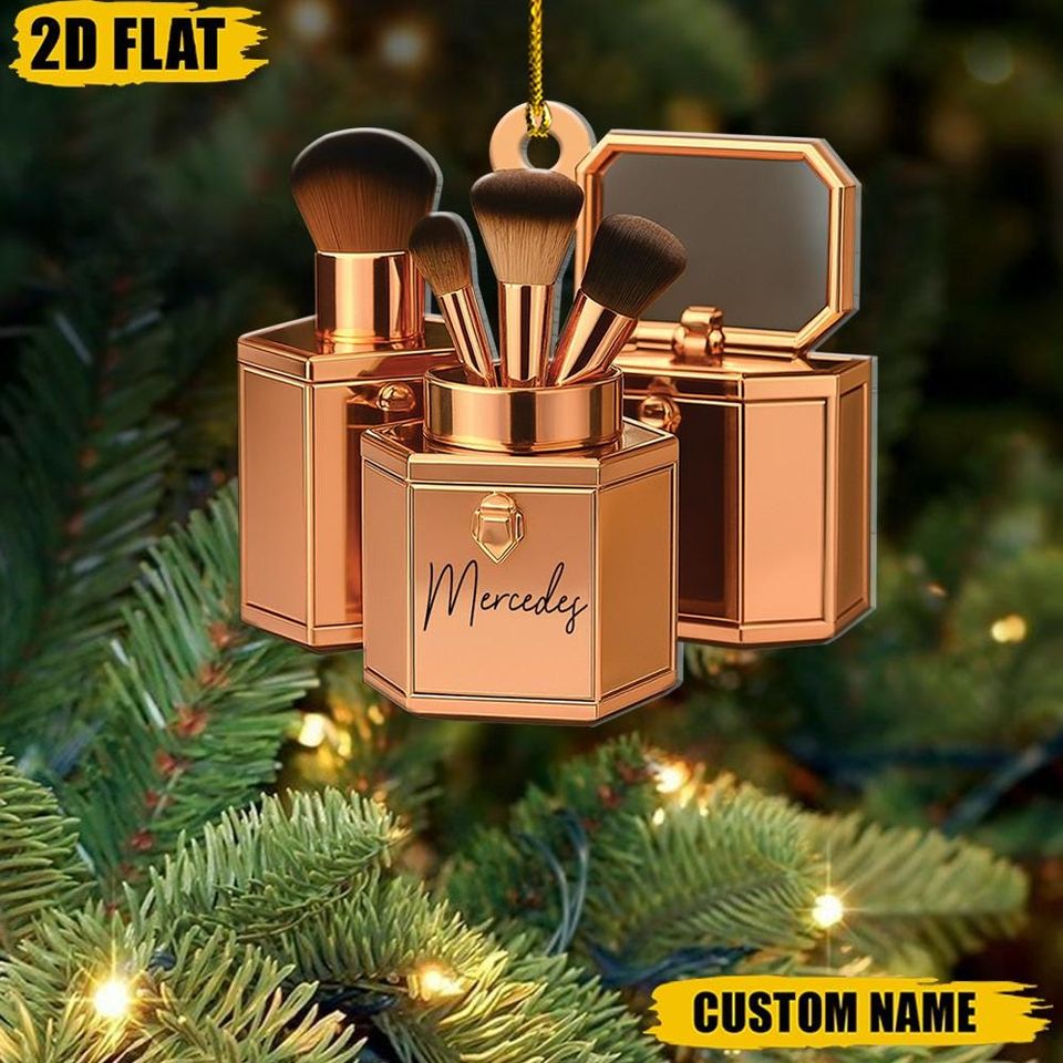 Personalized Makeup Brush Ornament, Custom Name Beauty Gift, MUA Christmas Tree Decor, Rose Gold Cosmetic Keepsake, Esthetician Gift
