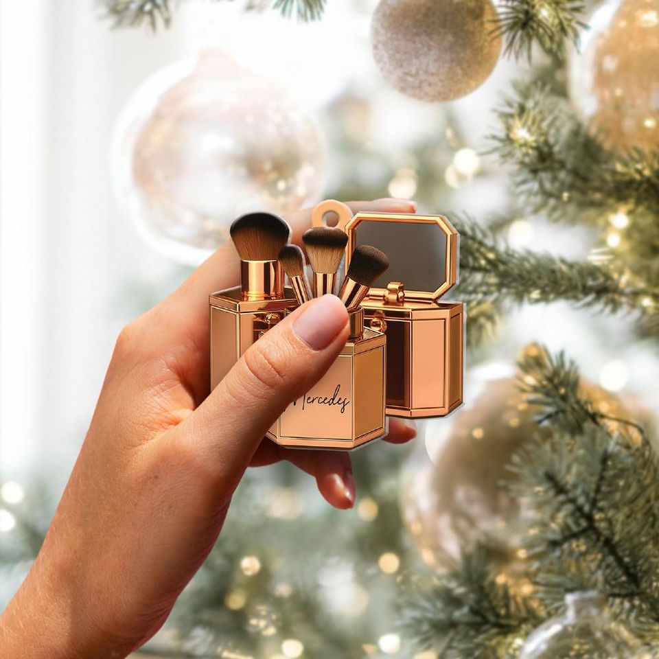 Personalized Makeup Brush Ornament, Custom Name Beauty Gift, MUA Christmas Tree Decor, Rose Gold Cosmetic Keepsake, Esthetician Gift