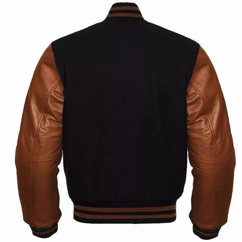 Custom Wool Varsity Jacket with Leather Sleeves - Black & Brown