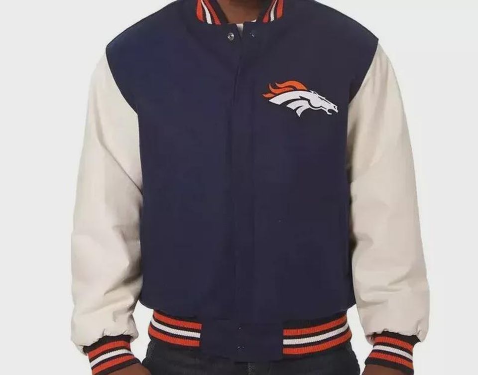 Denver Broncos Varsity Jacket - Navy Wool and Leather Letterman, Handmade