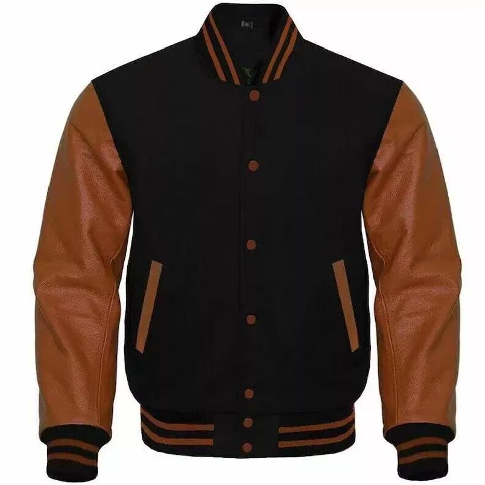 Custom Wool Varsity Jacket with Leather Sleeves - Black & Brown