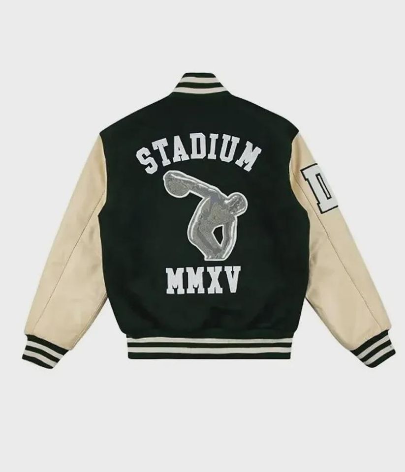 Handmade Green Wool Varsity Jacket with Beige Leather Sleeves