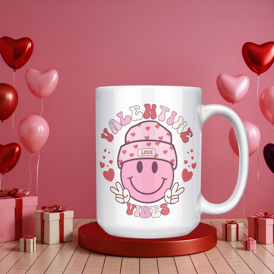 Valentine Vibes Mug, Retro Smiley Face Coffee Mug