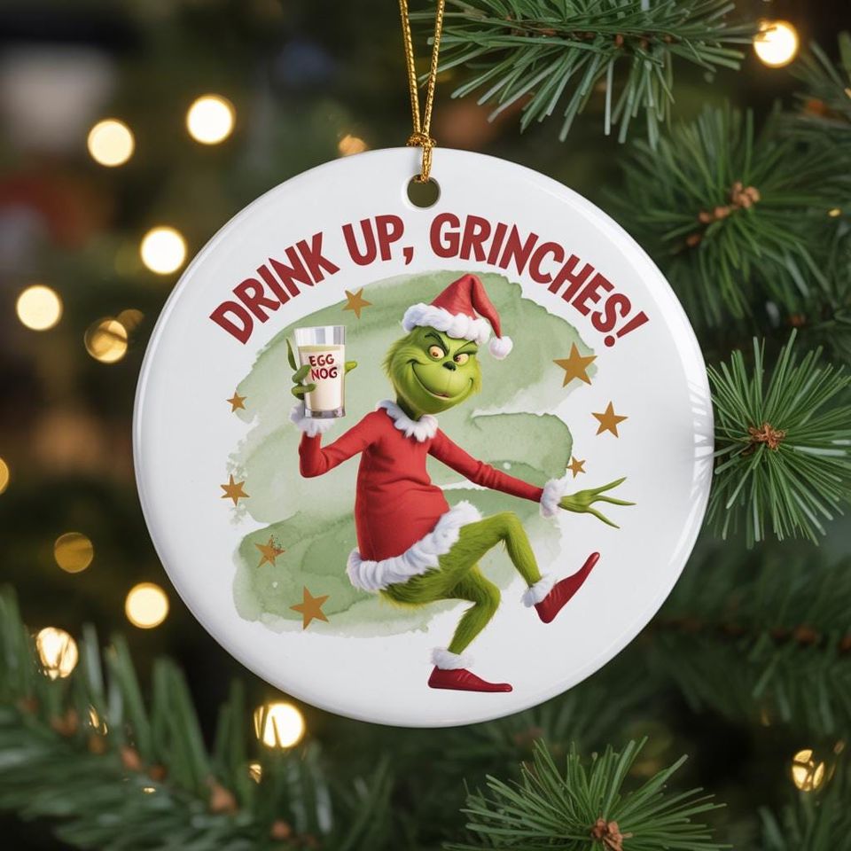 Whimsical Green Holiday Cheer Ceramic Ornament for Christmas Decor