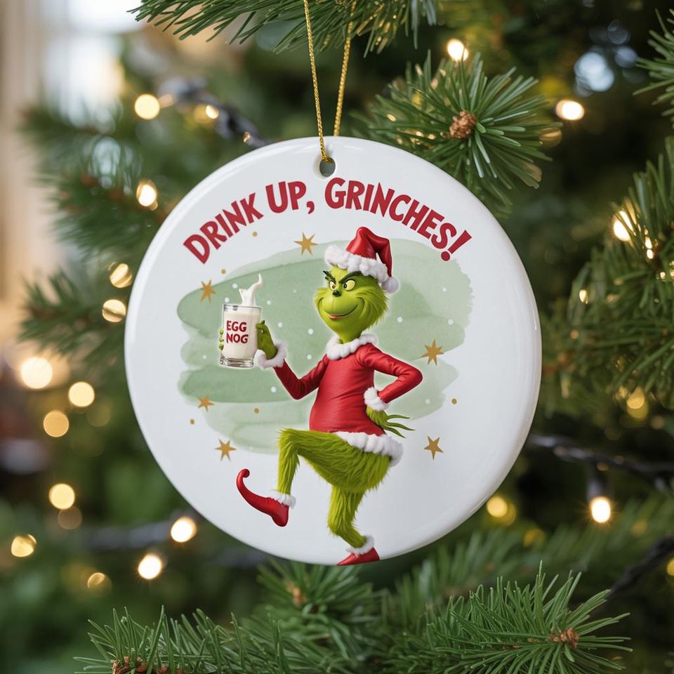Whimsical Green Holiday Cheer Ceramic Ornament for Christmas Decor