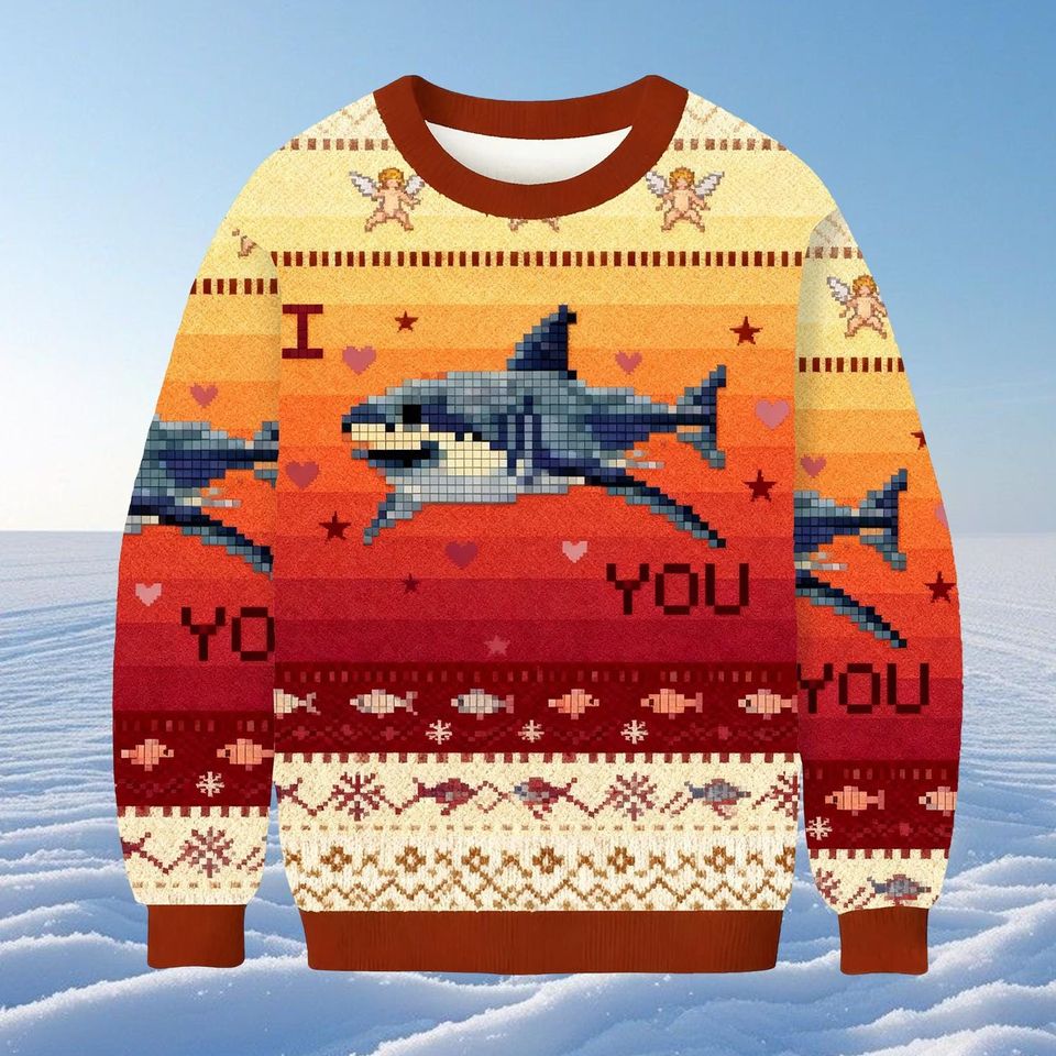 I Heart You Shark Ugly Christmas Sweater, Funny Sea Creature Holiday Sweatshirt, Ocean Lover Xmas Jumper Gift
