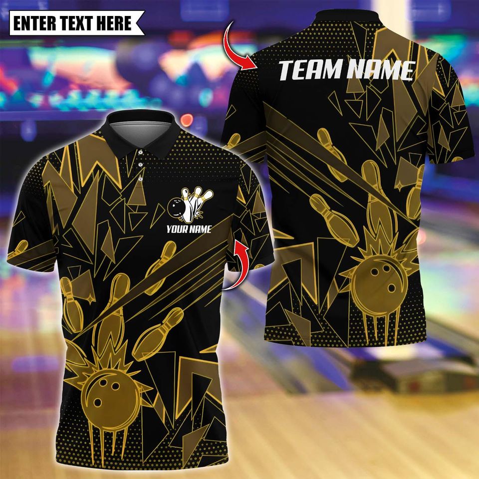 Custom Bowling Team Polo Shirt with Multicolor Bowling Pins Design, Personalized Name and 3D Logo for Men