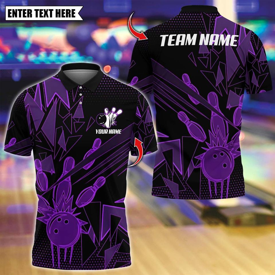 Custom Bowling Team Polo Shirt with Multicolor Bowling Pins Design, Personalized Name and 3D Logo for Men