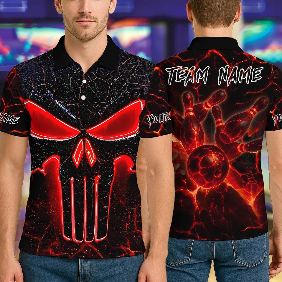 Custom Bowling Polo Shirt with Flame Punisher Skull Design, Personalized Name and Team Options