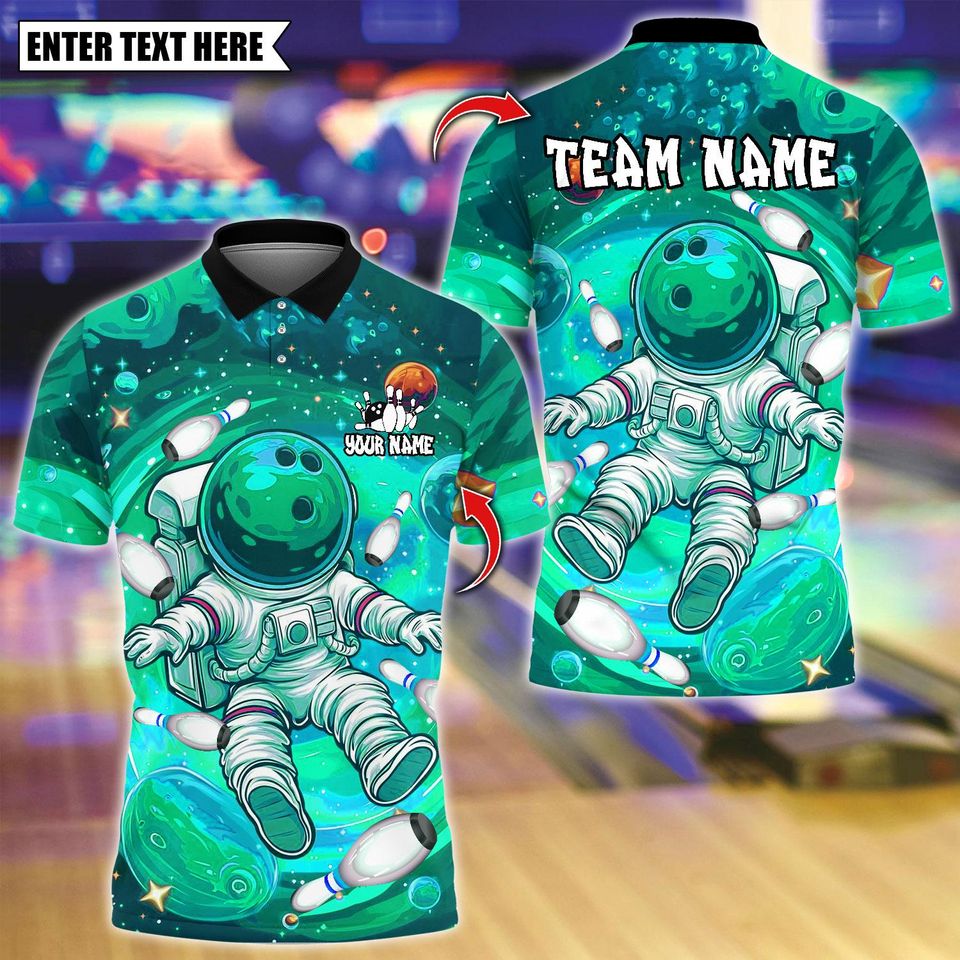 Custom Bowling Polo Shirt, Vibrant Astronaut Space Design, Personalized Bowling Polo for Men Women, Personalized Name Team 3D Shirt