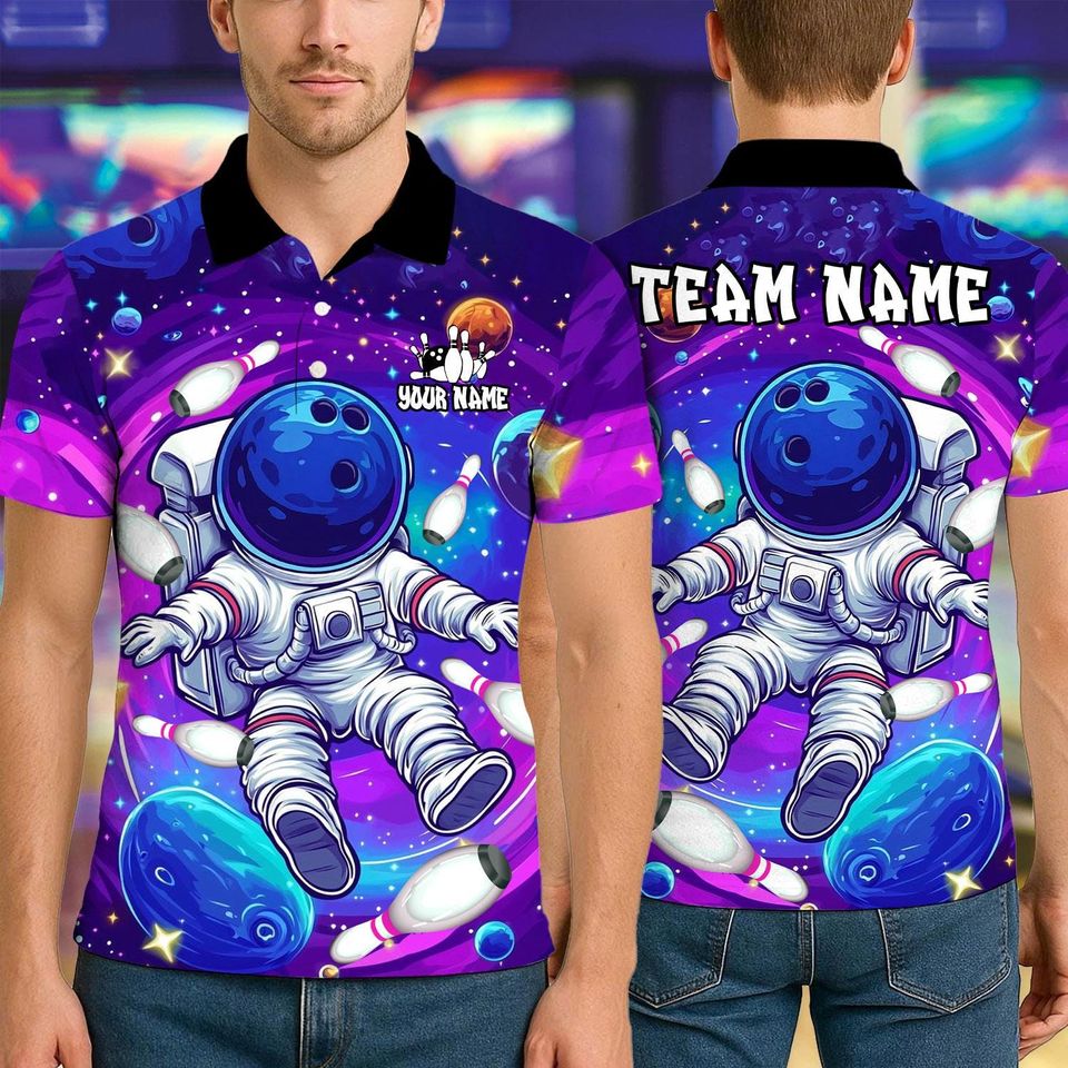 Custom Bowling Polo Shirt, Vibrant Astronaut Space Design, Personalized Bowling Polo for Men Women, Personalized Name Team 3D Shirt