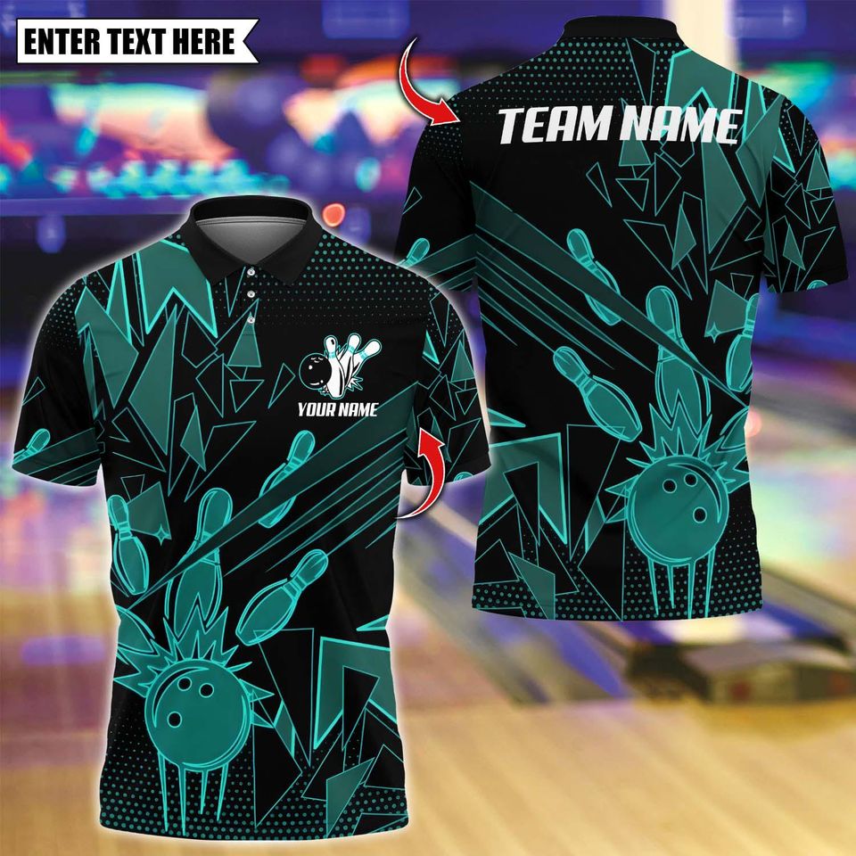Custom Bowling Team Polo Shirt with Multicolor Bowling Pins Design, Personalized Name and 3D Logo for Men